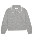The Crochet Collar Pullover by The Great Inc.—a grey alpaca sweater with long sleeves and a wide, scalloped white crochet collar—laid flat on a white background.