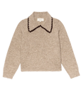 The Great Inc. The Crochet Collar Pullover is a beige, relaxed-fit long-sleeve knit sweater with a wide crochet collar and dark brown scalloped edge, shown on a white background.