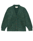 The Great Inc. Brushed Melange Cardigan in deep green features a textured finish, long sleeves, front pockets, and five dark center buttons, shown laid flat on a white background.