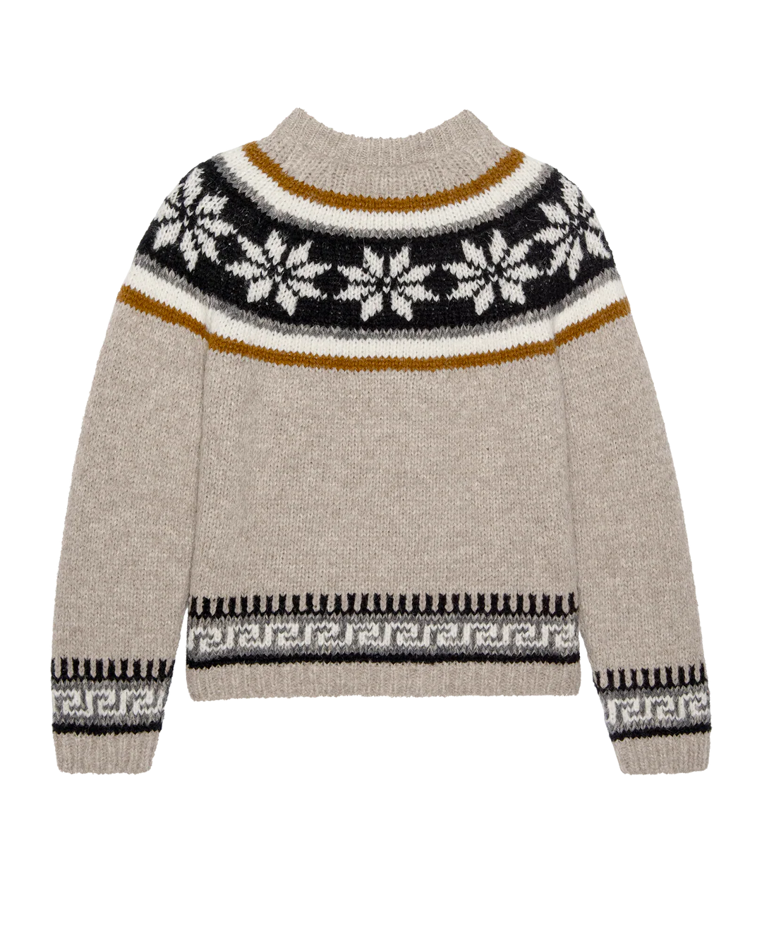 The Great Inc.'s Snowflake Fairisle Pullover is a beige Nordic knit sweater with black, white, and mustard yellow snowflake and geometric patterns—a cozy winter essential for knitwear lovers.