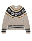 The Snowflake Fairisle Pullover by The Great Inc. is a beige wool sweater with a round neck, featuring black, white, and gold snowflake patterns and geometric designs—perfect winter knitwear for chilly days.