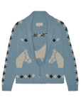 The Great Inc. Stable Lodge Cardigan is light blue with a shawl collar, cream western horse motifs on front and back, and geometric diamond patterns on the sleeves and hem.