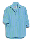 The BARRY Button Up Shirt by Frank & Eileen features blue, green, and white vertical stripes, a chest pocket, and partially rolled-up long sleeves.