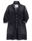 Black denim utility dress with long sleeves, button front, and large pockets by Frank & Eileen Ireland.