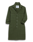 The Frank & Eileen Southern Dress is an olive green Italian Performance Linen mini dress with a collar, button-up front, two chest and two lower front pockets, and rolled sleeves. A label appears inside the collar.