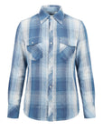 The Le Superbe Blue Jean Western Plaid shirt is a classic long-sleeve with a blue and white plaid pattern, a collared neckline, and two flap chest pockets for timeless western style.