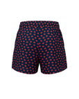 The Many Kisses Boxer by Le Superbe features an elastic waistband and lightweight navy blue fabric with a playful all-over red kiss print, shown against a plain white background.
