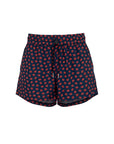 The Many Kisses Boxer by Le Superbe features an elastic waistband, drawstring, and is crafted from lightweight navy fabric adorned with a playful red lips print.