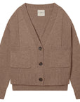 The Guernsey Cardigan by Jumper 1 2 3 4/CR2 in fawn grey is a soft Merino Cashmere V-neck with three front buttons, ribbed cuffs and hem, and two patch pockets.