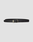 The Janessa Leone Myra is an artisan-crafted thin black leather belt with a small silver buckle, shown lying flat on a plain light gray background—a timeless accessory for any wardrobe.