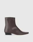 Dark brown pointed-toe ankle boot in lamb leather with low angled heel, Staud Wally Sock Flat.