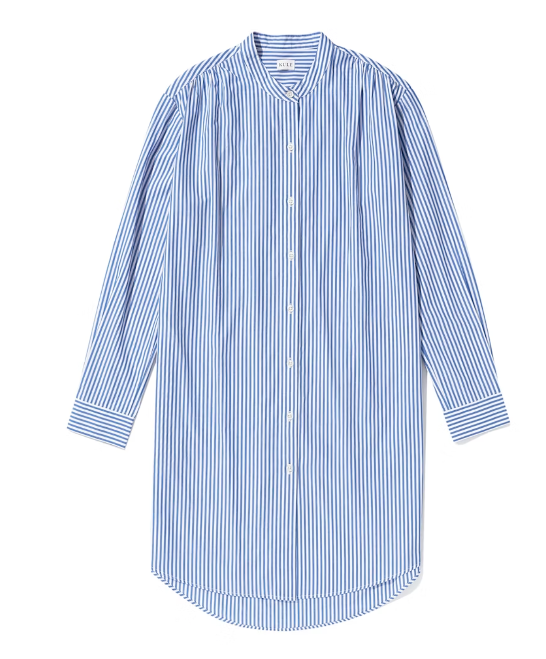 A long-sleeved men&#39;s shirt displaying thin blue vertical stripes, buttoned front, laid flat against a white background in a Scottsdale Arizona bungalow. The Helena Royal Blue/White by Kule.