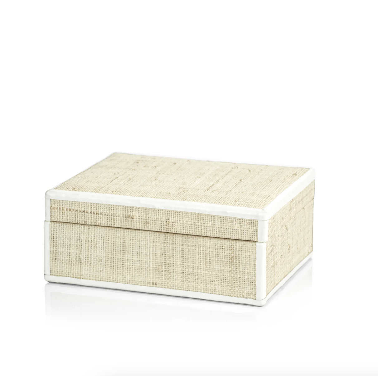 A rectangular beige textured Zodax Raffia Box with Leather Trim, isolated on a white background.
