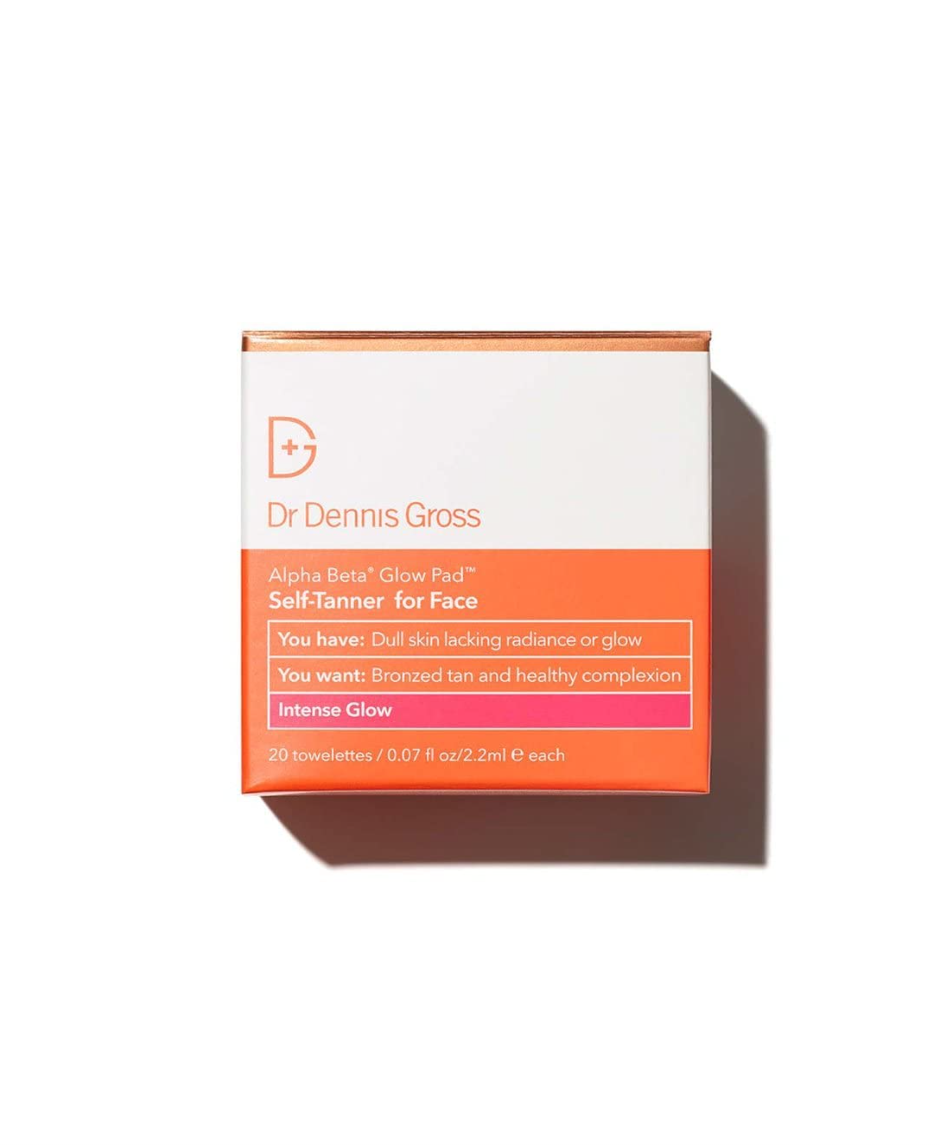 A box of Faire Dr. Dennis Gross Skincare Self Tanner For Face, containing 20 towelettes, displayed on a white background with clear text and branding in Scottsdale, Arizona.