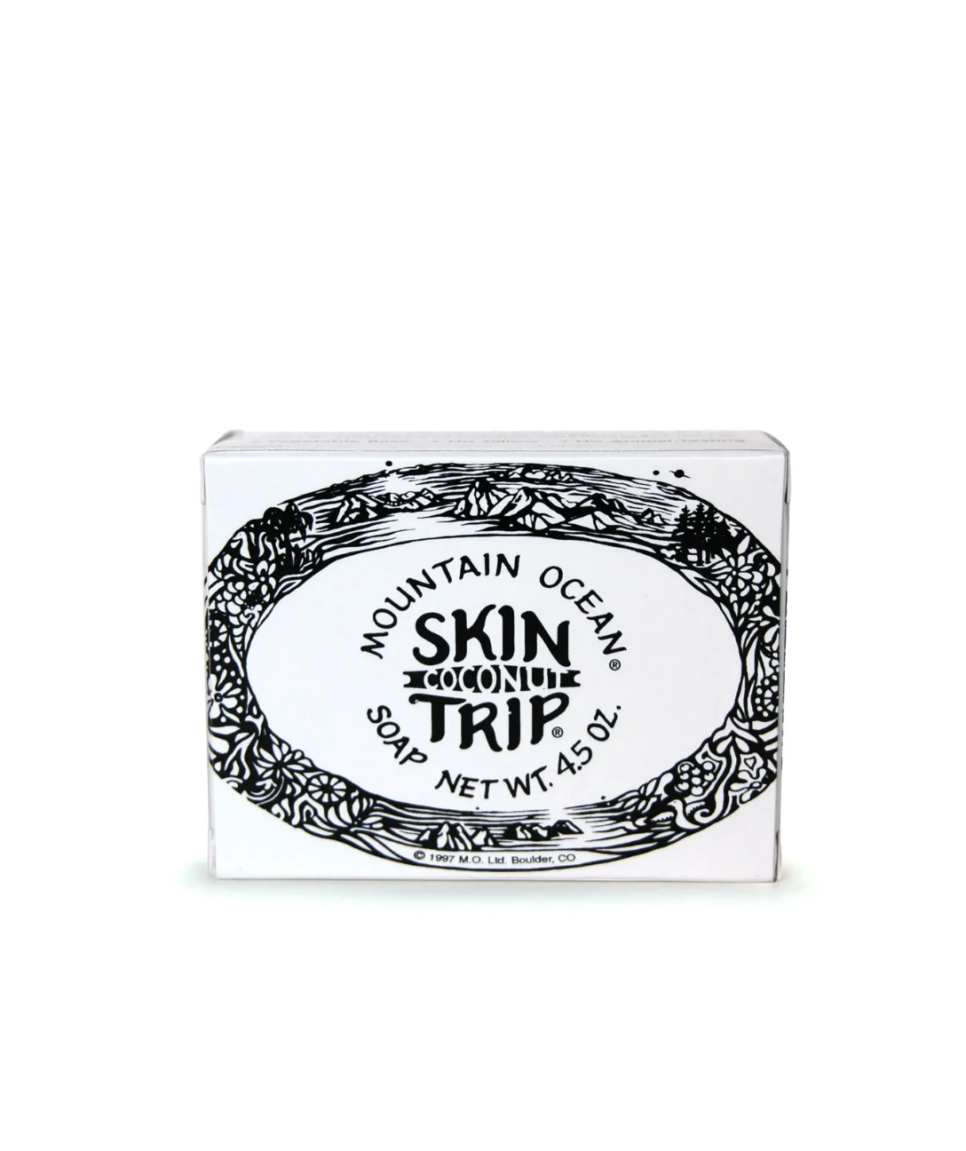 A box of Faire Skin Trip Soap 4.5oz with a black and white floral design around the text, displayed in a Scottsdale Arizona bungalow, on a white background.