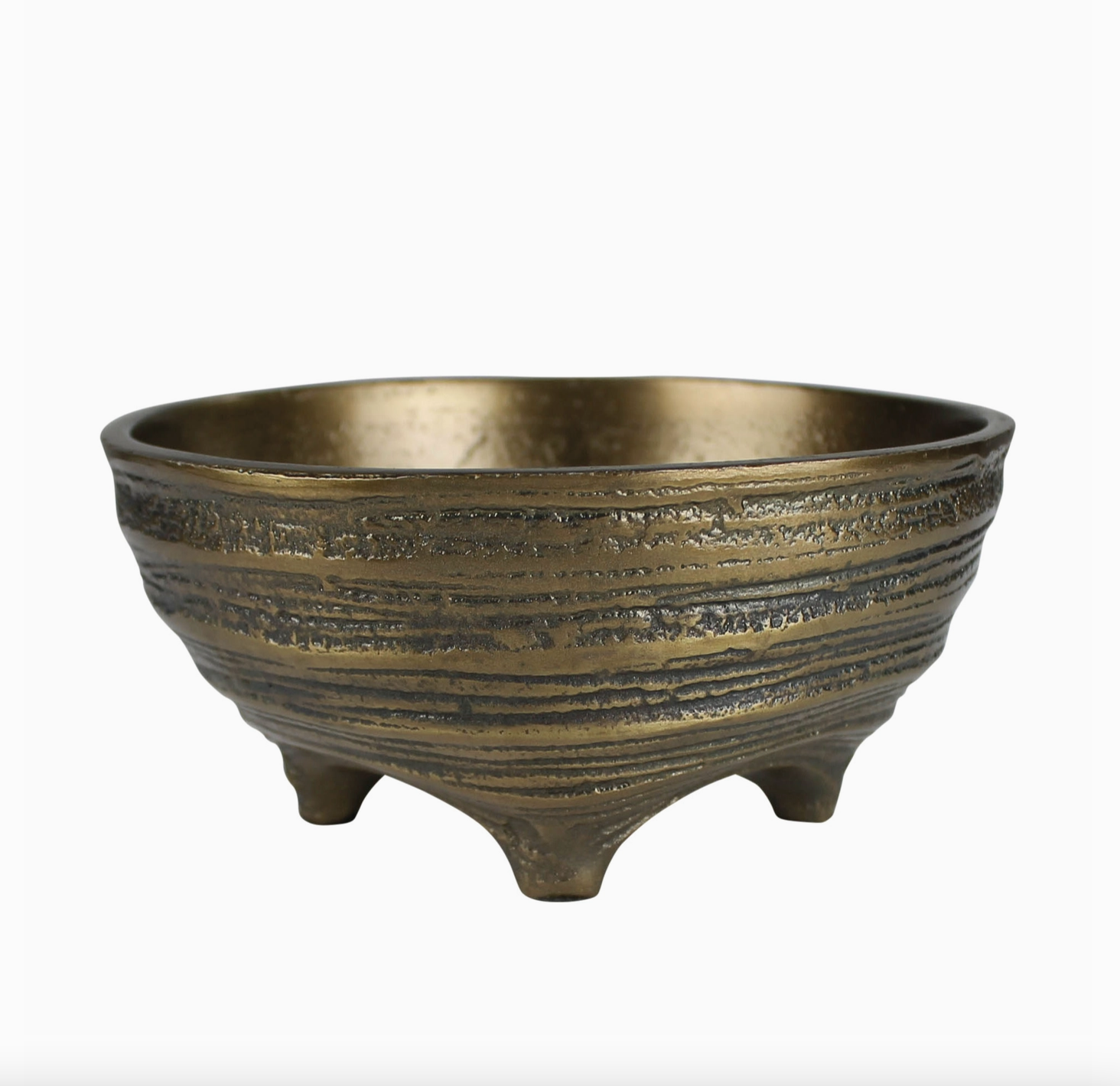 A Cleary Bowl Brass Small with three small legs, featuring a detailed, patterned exterior and a smooth interior, isolated on a white background in Scottsdale Arizona.