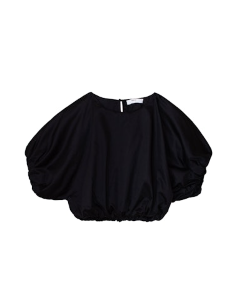 Black high neckline Opihi Bubble Sleeve Crop Top isolated on a white background by Mikoh.