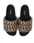 A pair of ROAM CHECKER WAVE PUFFY SLIDERS slide sandals with thick, padded straps featuring a black and tan checkerboard pattern, displayed against a white background. Brand name "Roam" visibly featured on the insoles, inspired by the laid-back bungalow style of Scottsdale, Arizona.