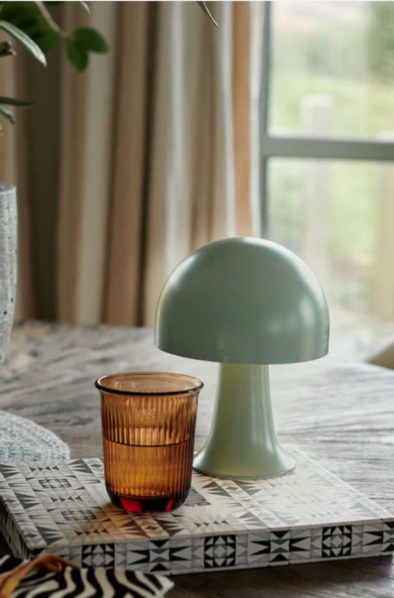A cozy indoor setting featuring a stylish Faire Julio LED Lamp on a patterned tray beside a textured amber glass on a wooden table in a Scottsdale, Arizona bungalow, with a view of curtains and green scenery outside the window.
