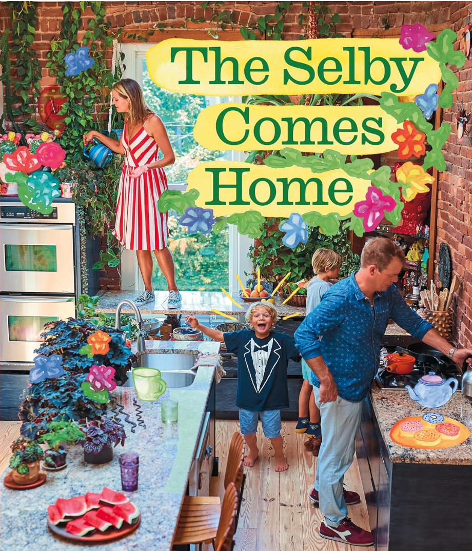 A family in a bungalow kitchen in Scottsdale, Arizona reads "Selby Comes Home" by Hachette Book Group.