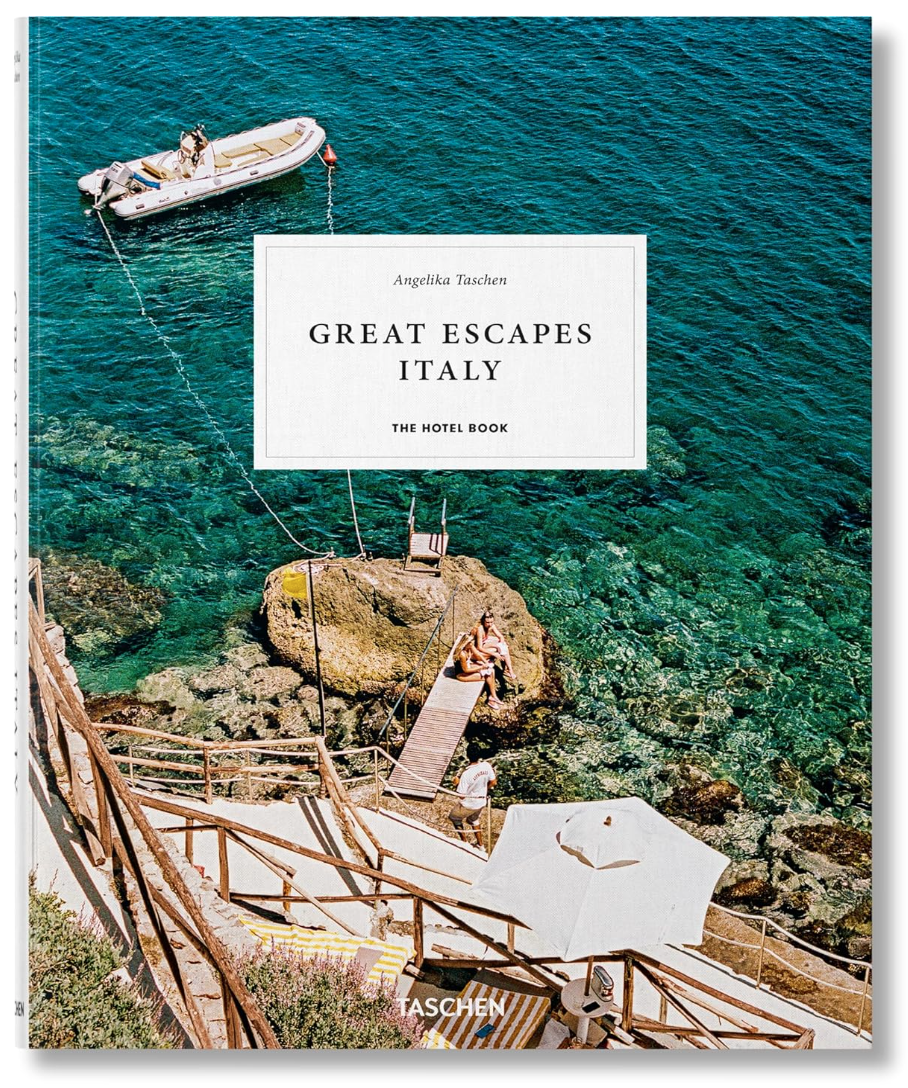 A book titled "Great Escape Italy" by Ingram Book Company is displayed against a background showing a crystal-clear turquoise sea, a white boat, and a person on wooden steps beside the rocky shore of Scottsdale, Arizona.