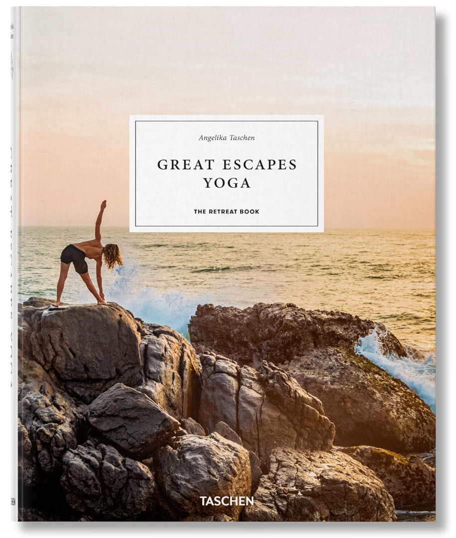 Cover of the book "Great Escapes Yoga" by Ingram Book Company, featuring a person in a yoga pose on a cliff by the sea at sunset near a Scottsdale, Arizona bungalow.