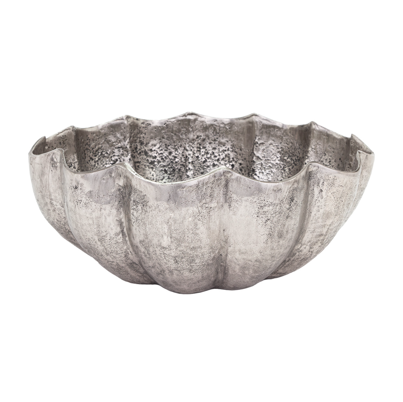 A textured, silver metallic Catriona Bowl with a wavy, irregular rim, showcasing a hammered interior finish, isolated on a white background in Scottsdale Arizona by The Import Collection.