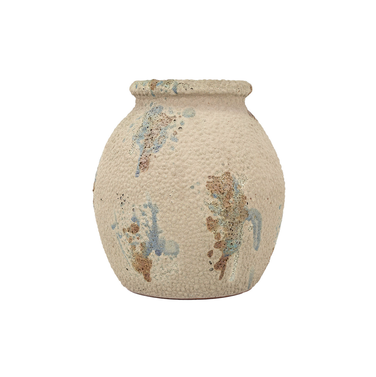 Ancient textured ceramic Colton Vase with patchy blue and rust-colored accents, displayed against a plain white background in a Scottsdale, Arizona bungalow by The Import Collection.