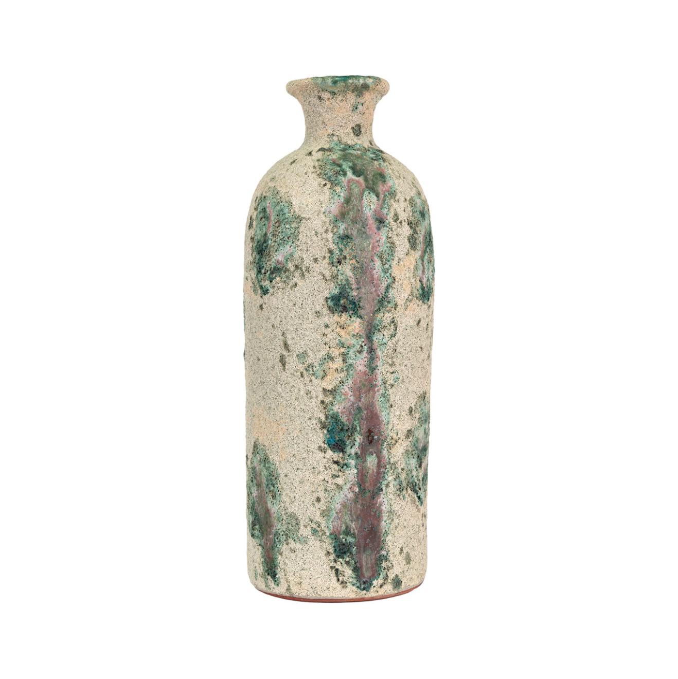 A tall ceramic Fallon vase from The Import Collection with a textured surface featuring earthy beige and patches of green and blue. The vase has a narrow neck and is reminiscent of Scottsdale Arizona, standing isolated against a white background.