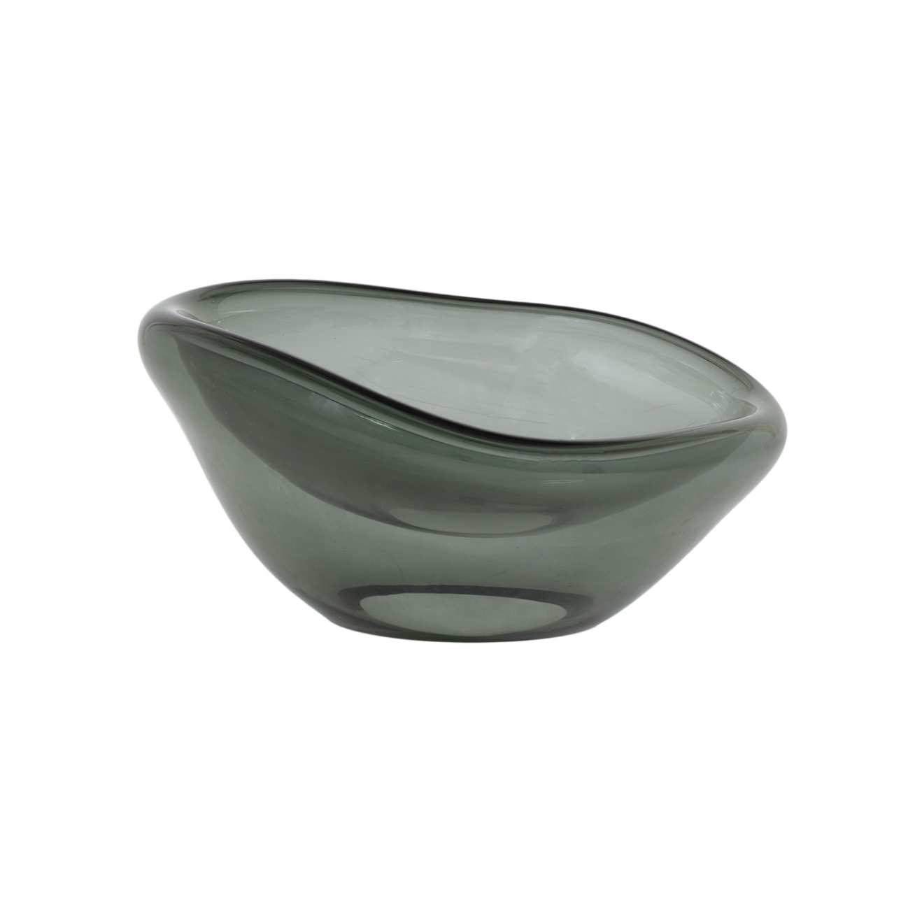 A translucent gray Guillem bowl with a modern, asymmetrical shape, photographed against a white background in a Scottsdale Arizona bungalow by The Import Collection.