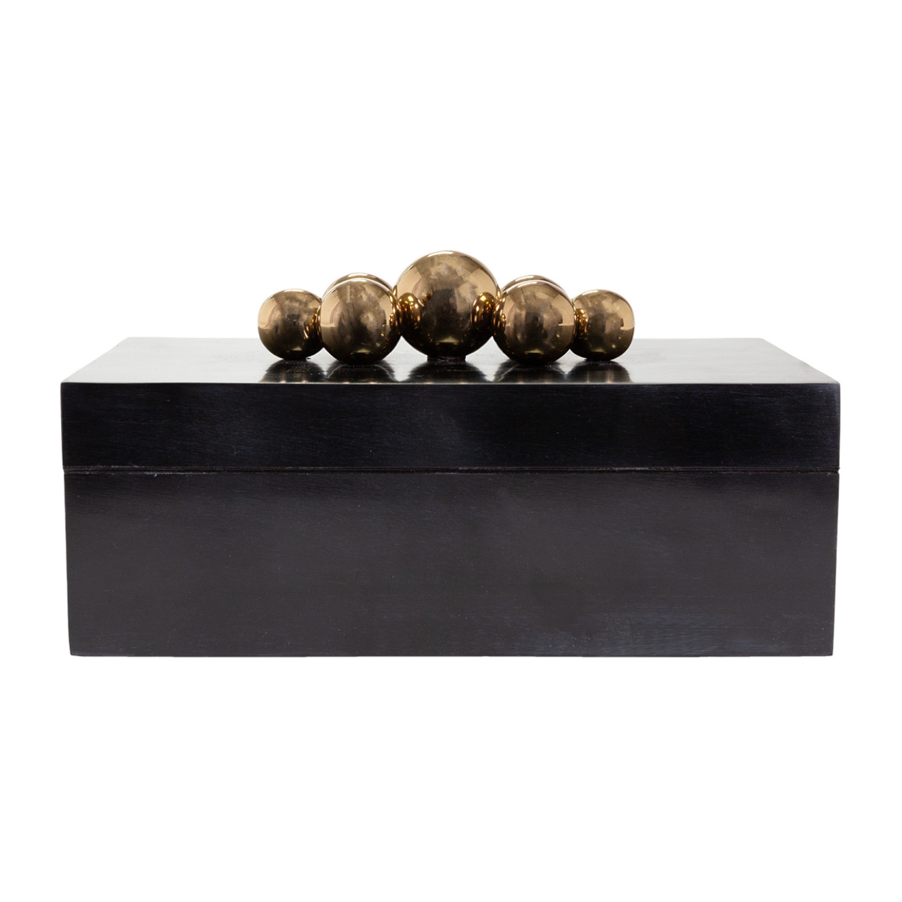 A rectangular, black wooden Hardin Box with a glossy finish, featuring a row of metallic gold balls as a decorative element on top, isolated on a white background in Scottsdale, Arizona. Made by The Import Collection.