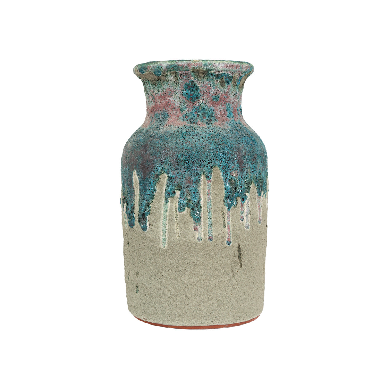 A Harlem vase from The Import Collection with a rough beige lower half and a glossy turquoise glaze dripping from the top half, isolated on a white background, reminiscent of a Scottsdale, Arizona bungalow style.