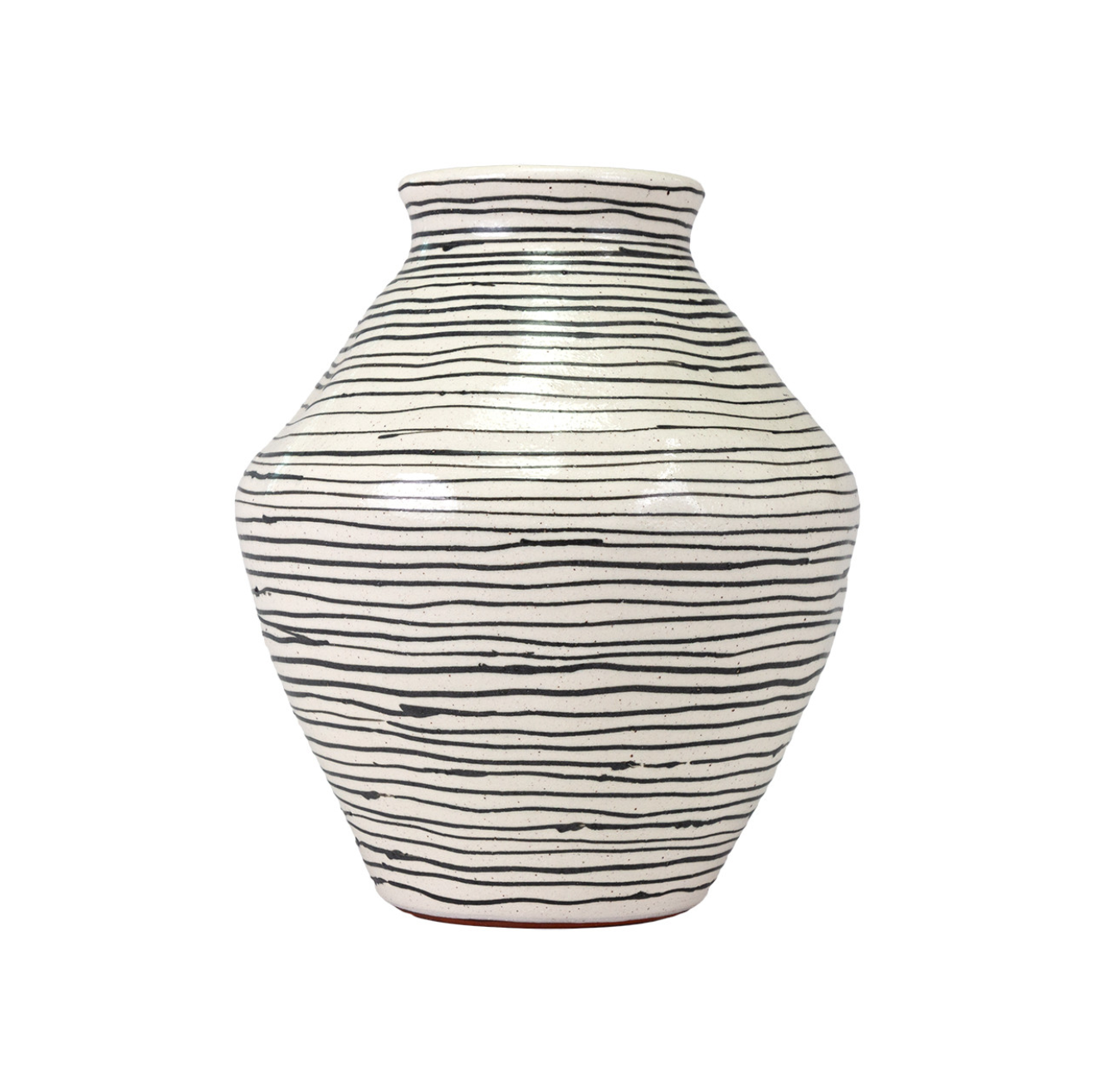 A Isha Tall vase from The Import Collection with a bulbous body and narrow neck, featuring a white glaze with horizontal black streaks. The surface texture appears slightly rough and irregular, perfect for a Scottsdale, Arizona bungalow.
