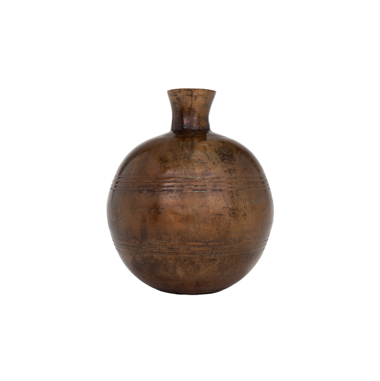 A round ceramic Jaques M vase with a narrow neck, displaying an earthy brown color and subtle textured patterns, evoking the style of a Scottsdale Arizona bungalow, isolated on a white background by The Import Collection.