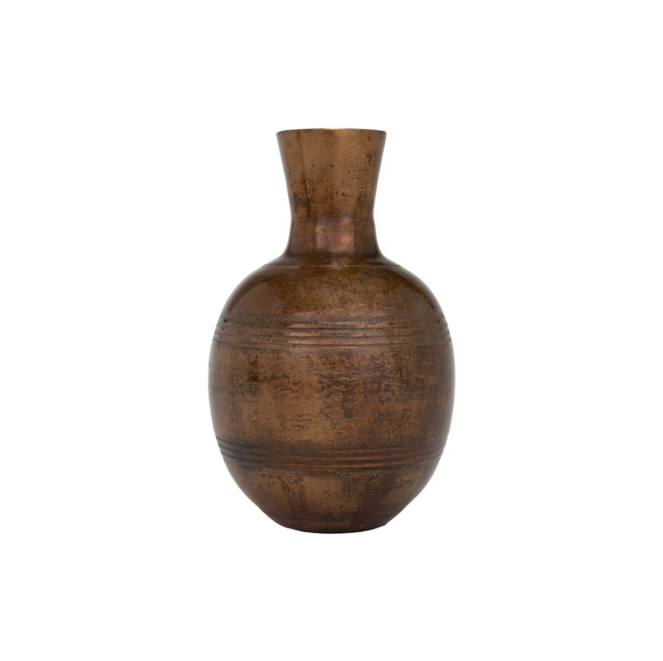 A round Jaques S vase with a narrow neck and a rustic brown finish, featuring a subtle speckled pattern, evoking the essence of Scottsdale Arizona, isolated on a white background by The Import Collection.