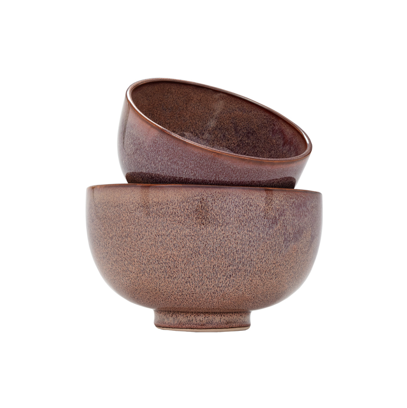 Two stacked Linden Bowls from The Import Collection, designed in a bungalow style, with the top one tilted, against a white background. The bowls have a textured brown finish.