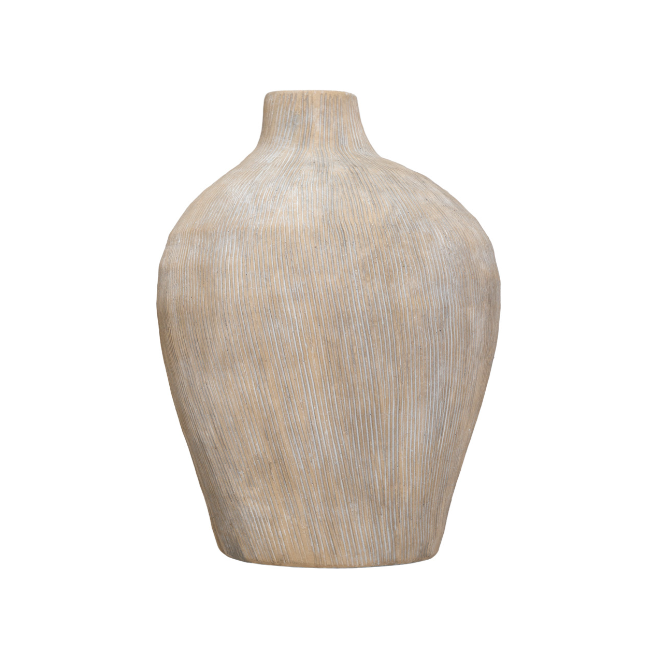 A Micah Vase from The Import Collection, with a natural, beige color and vertical ridges, inspired by Scottsdale Arizona aesthetics, isolated on a white background.