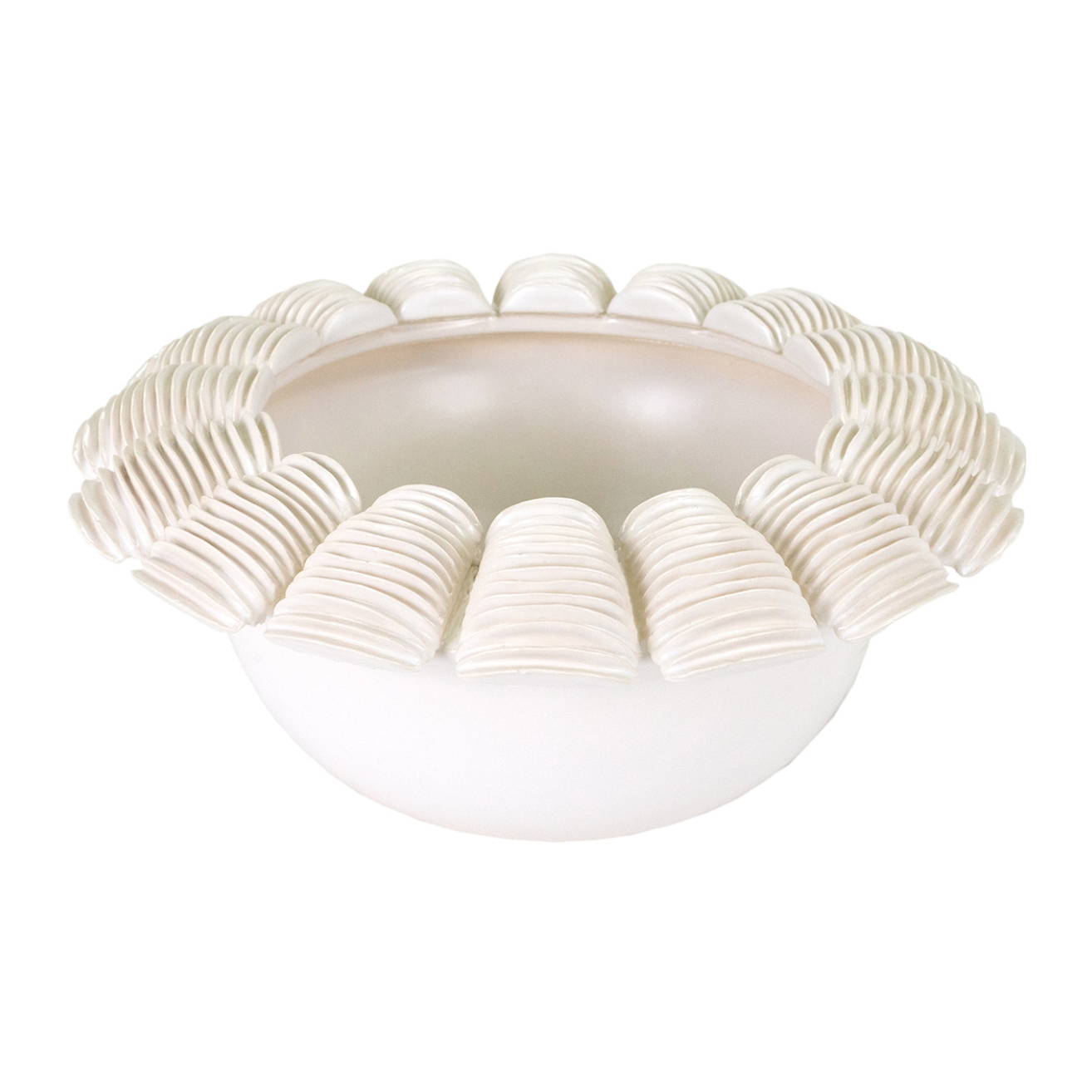 A white ceramic Biscay Bowl from The Import Collection with a decorative, scalloped edge featuring an intricate, repetitive pattern in Arizona style, set against a plain white background.