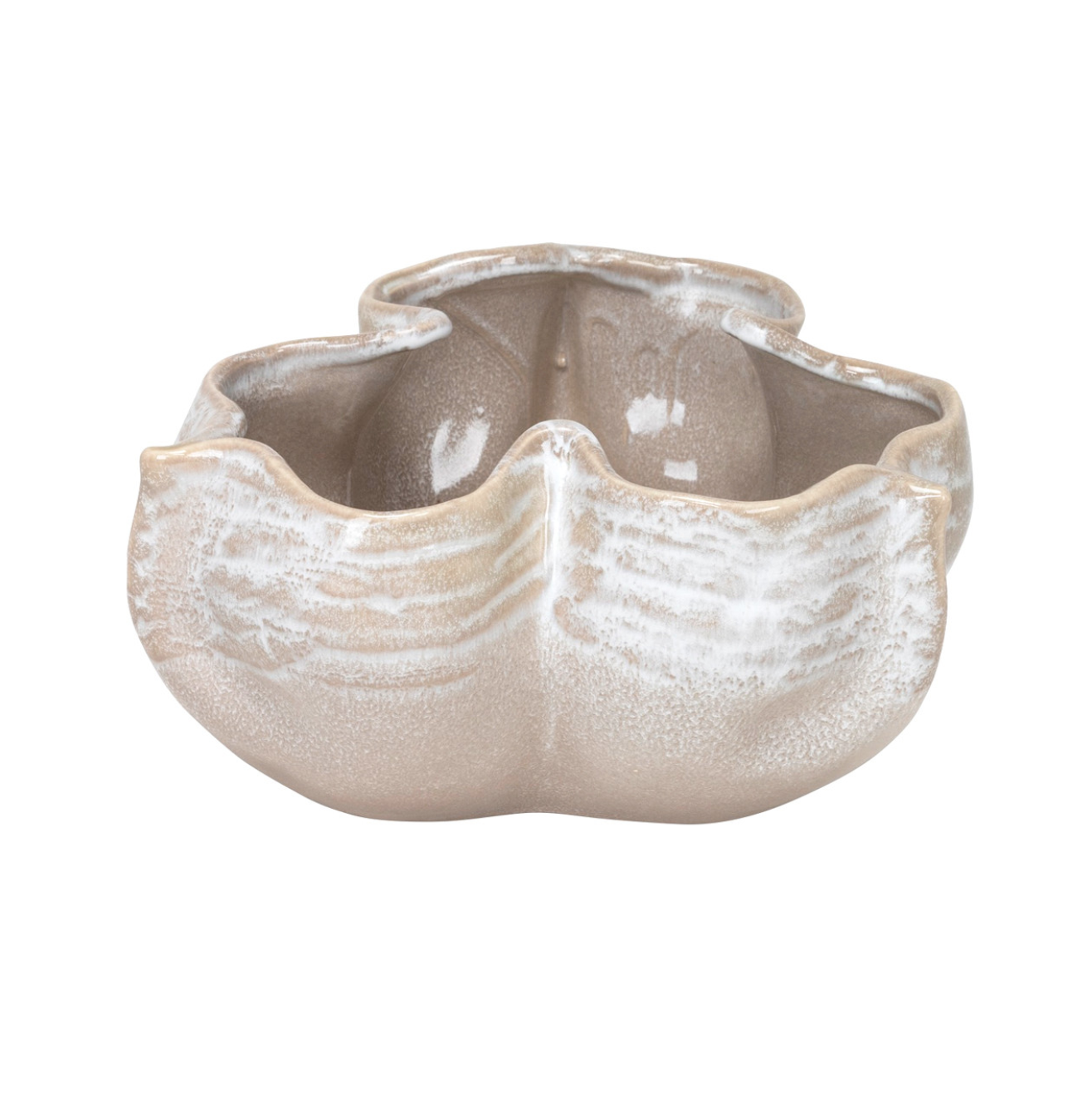 A Hadley Bowl from The Import Collection shaped like a flower with petal-like edges, in a neutral beige tone with textured white glaze on the rims, reminiscent of Scottsdale Arizona's desert hues, isolated on a white background.