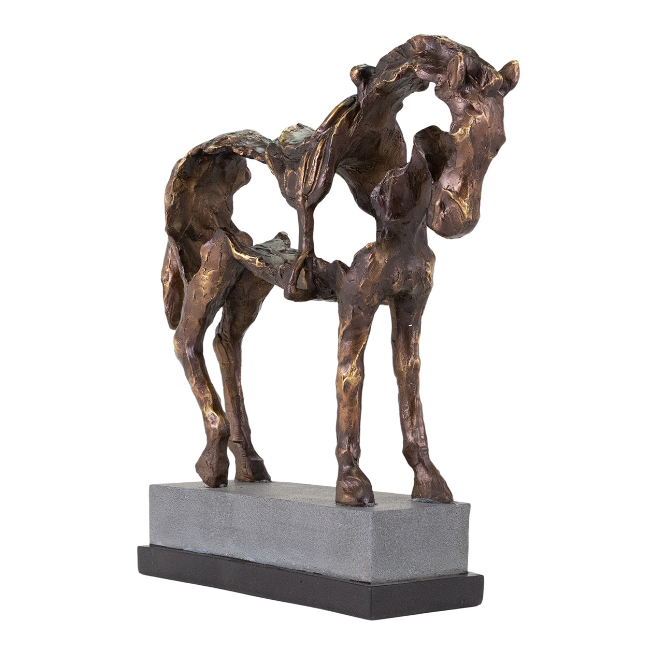 Bronze sculpture of a conjoined twin horse with two heads, four front legs, and two rear legs, mounted on a gray stone base in Scottsdale, Arizona by The Import Collection, isolated on a white background.