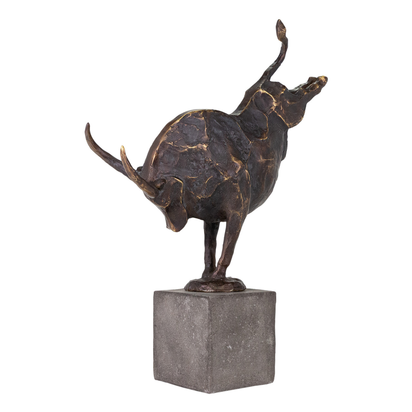 The Import Collection Bull Statuary is a dynamic, abstract bronze sculpture with exaggerated curves and raised horns, balanced on one leg atop a square stone base—perfect for unique home decor.