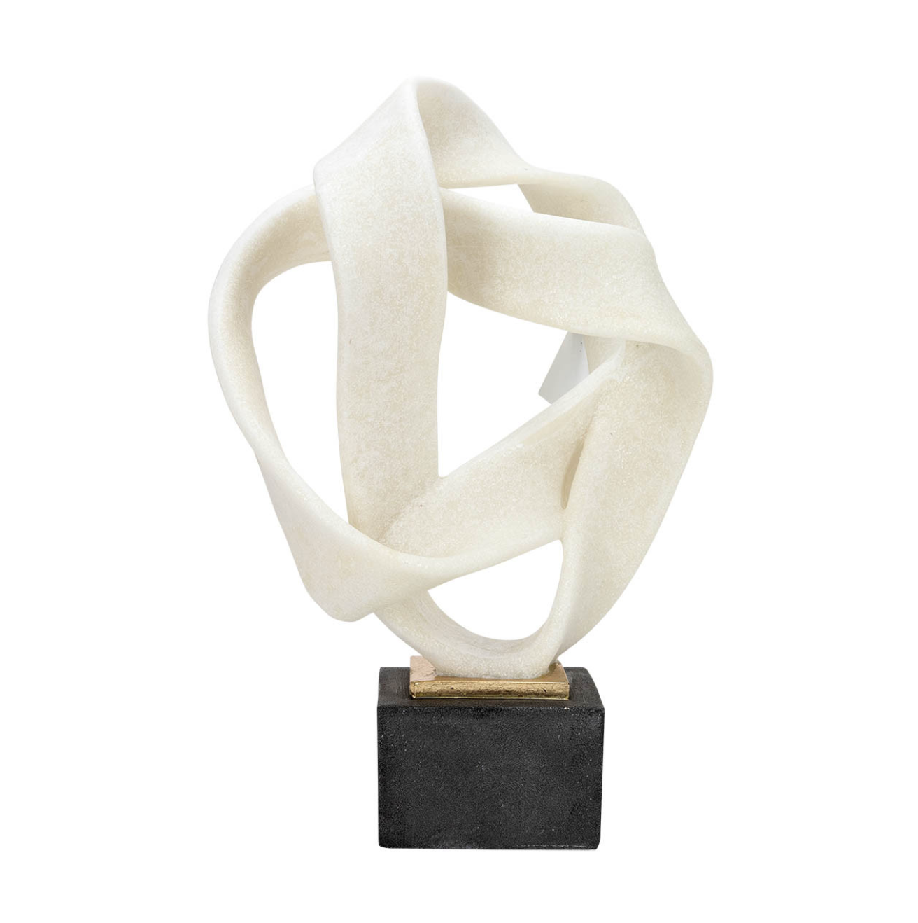 A modern abstract sculpture featuring intertwined Quartz Loop loops on a black square base, isolated on a white background, displayed in a bungalow in Scottsdale, Arizona. Brand: The Import Collection.