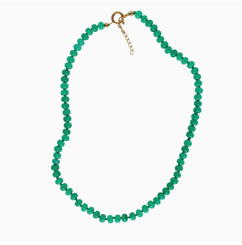 This image shows a Faire Genuine Jade Candy Necklace with a gold clasp, displayed on a white background in Arizona style.