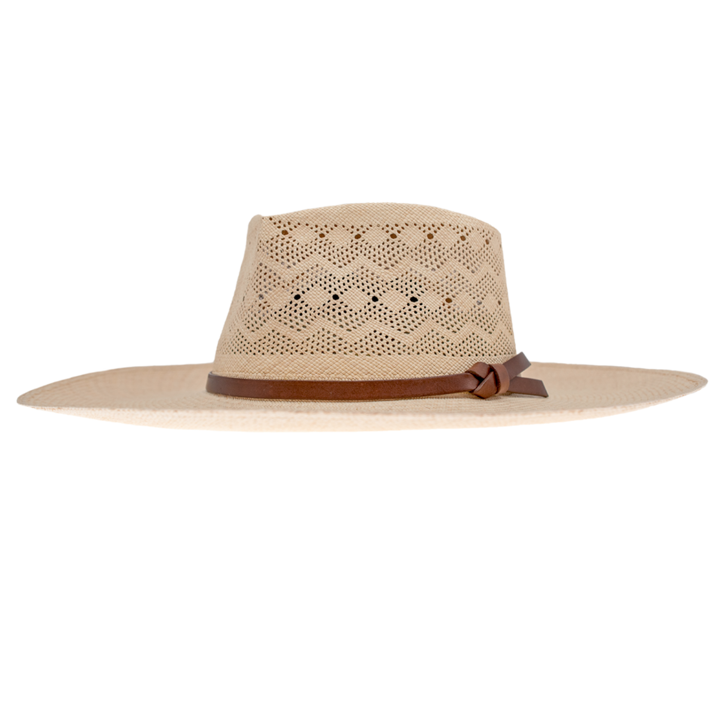 Wide-brimmed Kaela Extra Long Brim M fedora hat with an artisanal weave and a brown leather band, isolated on a white background by Ninakuru.