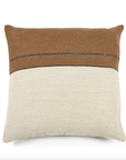The Gus Pillow by Libeco Home is a square throw pillow that combines comfort and style with its two-tone design: a brown top, beige bottom, and thin dark horizontal separator that enhances its textured appearance for a luxurious touch.