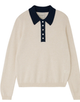 A beige cashmere jumper named "Contrast Polo" features a long-sleeve design with a black collar and button placket accented by five white buttons. It's branded Jumper 1 2 3 4/CR2.