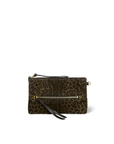 Brown leopard-print clutch with front zipper pocket by Jerome Dreyfuss, black leather pull, on white background.
