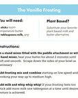 The Wild Rye Frosting recipe card features plant-based vanilla frosting with butter and milk substitutes, plus step-by-step directions for mixing, adjusting texture, and topping cakes or cake mixes.