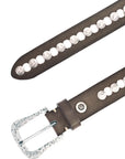 The Ravena Belt by ICO Sportswear Ltd. features brown leather with two rows of silver studs along its length and a textured silver buckle closure, combining secure wear with stylish design.