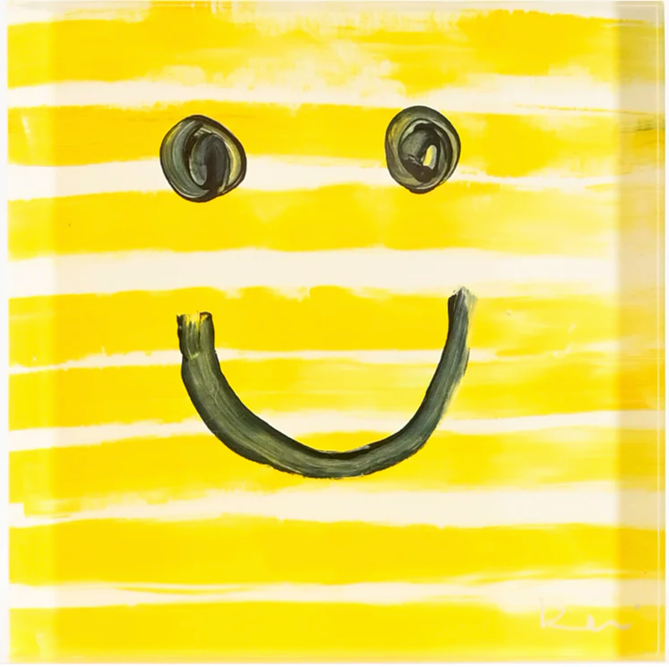 Abstract painting resembling a smiling face with two circular eyes and a curved mouth on a yellow striped background in Arizona style by Kerri Rosenthal's McSunshine Block of Love Sunshine 4x4.